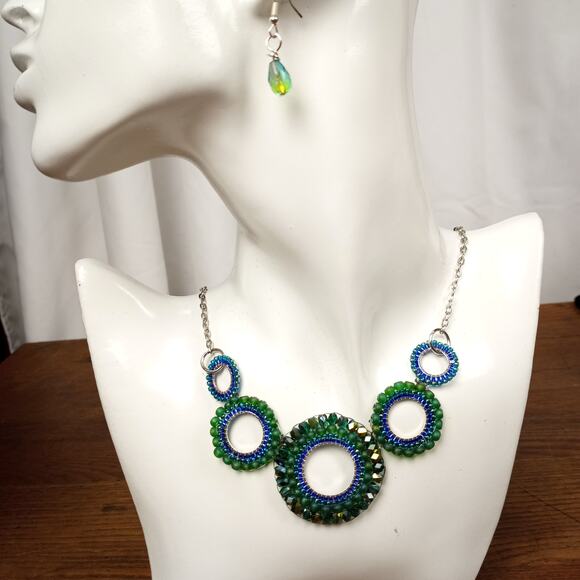 HANDMADE  Peacock Colors Necklace & Earrings - Picture 1 of 7